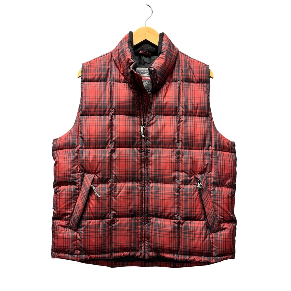 Eddie Bauer Puffer Vest Womens Large WeatherEdge Red Plaid Goose Down Jacket